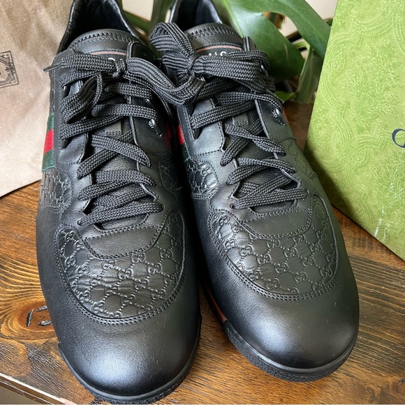 ❗️SOLD❗️GUCCI MicroGuccisima GG Web Detail  Black Leather Sneakers US14.5 - Picture 4 of 14